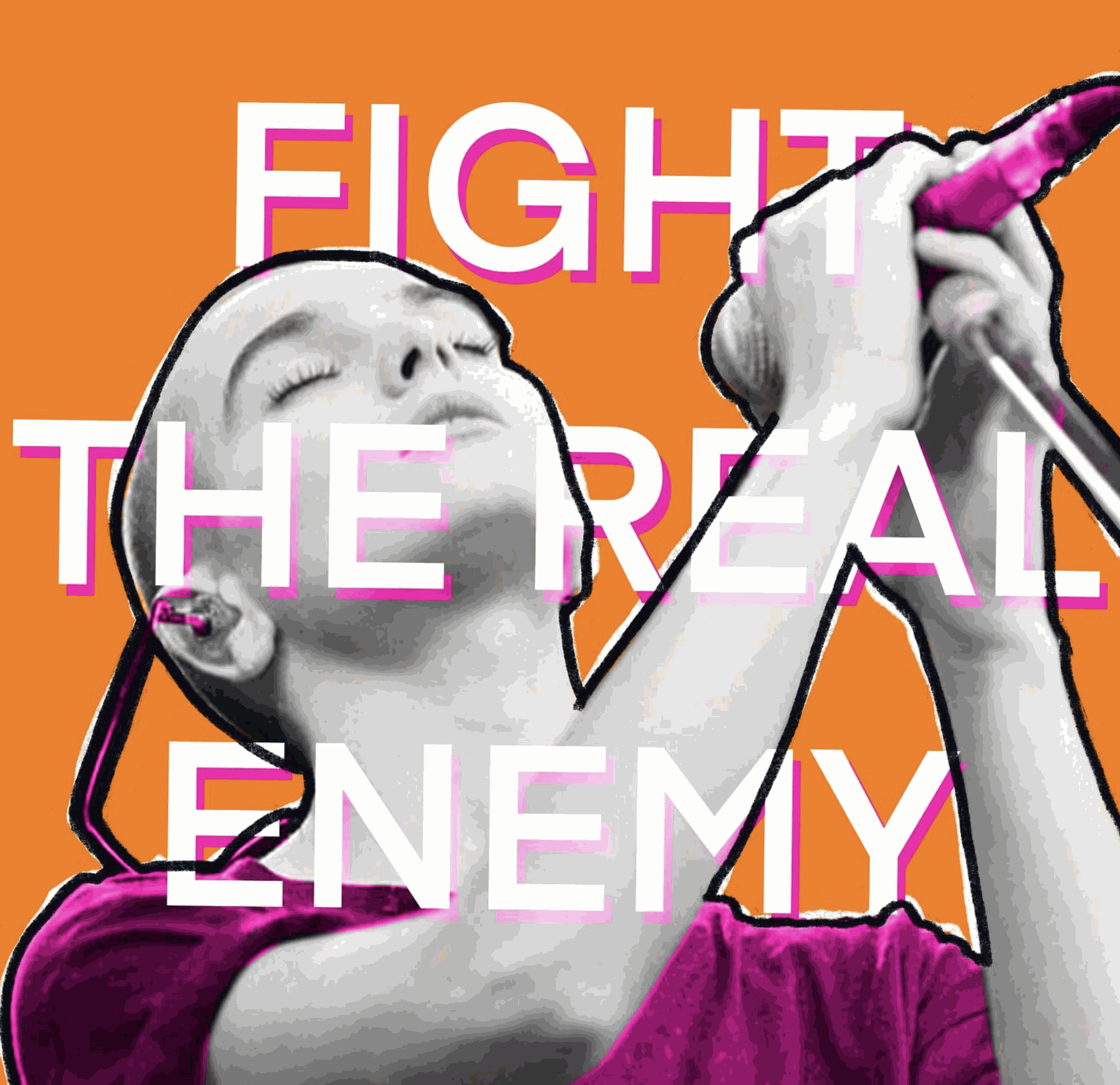 Picture of Sinéad O'Connor, with her statement in bold letters, quote, fight the real enemy 